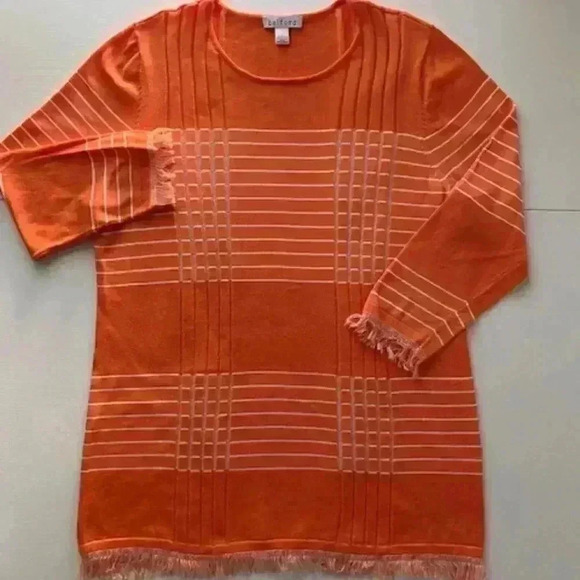 BELFORD Pima Cotton Orange Scoop Neck Sweater with Frilly Cuffs and Hem. Size L - Picture 5 of 11